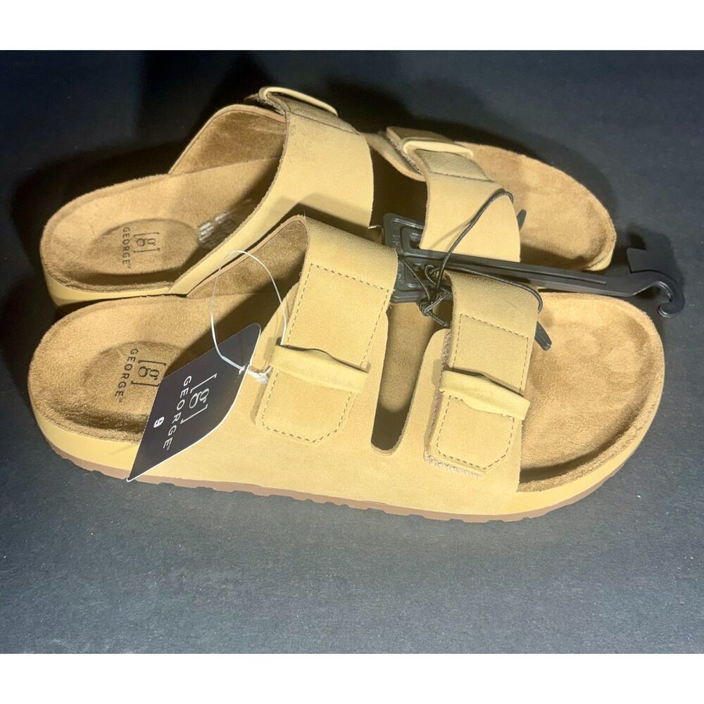 George Men's Sandals Size 9 Tan Brown Double Strap Adjustable Comfort Slides